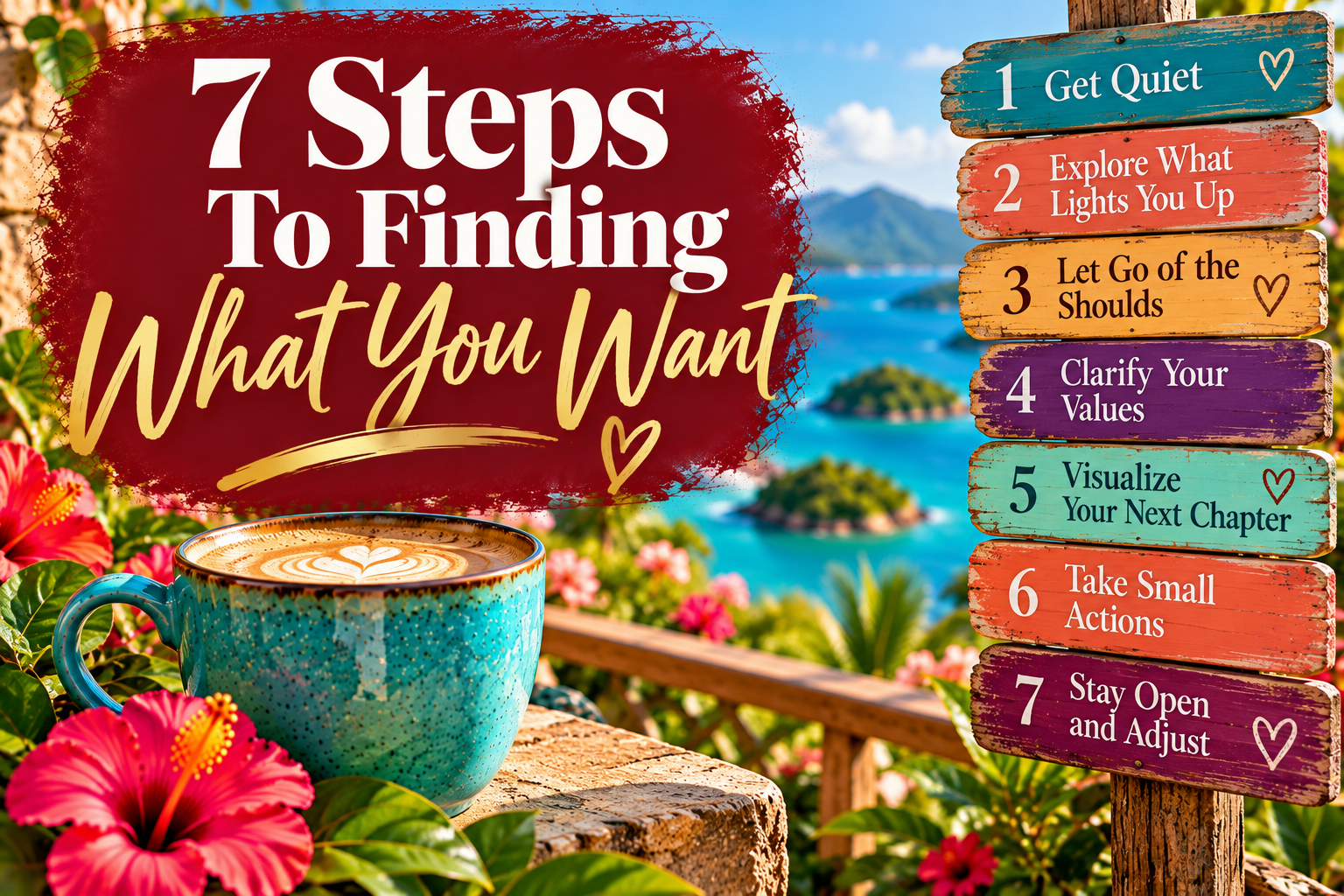 Inspired Java blog graphic featuring the words “7 Steps to Finding What You Want” in white and gold lettering on a burgundy background, overlooking a turquoise ocean with tropical flowers, a coffee mug, and seven colorful wooden signs outlining steps to discovering your goals, values, and dreams. Inspired Java blog graphic featuring the words “7 Steps to Finding What You Want” in white and gold lettering on a burgundy background, overlooking a turquoise ocean with tropical flowers, a coffee mug, and seven colorful wooden signs outlining steps to discovering your goals, values, and dreams.