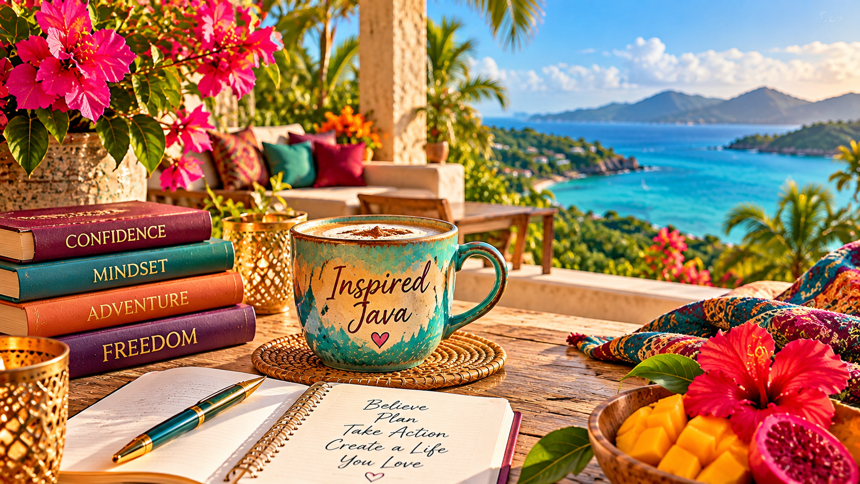 Colorful Inspired Java coffee mug beside an open journal and books about confidence, mindset, adventure, and freedom on a sunlit tropical terrace overlooking turquoise ocean waters, inspiring personal growth and creating a life you love in midlife. Colorful Inspired Java coffee mug beside an open journal and books about confidence, mindset, adventure, and freedom on a sunlit tropical terrace overlooking turquoise ocean waters, inspiring personal growth and creating a life you love in midlife.