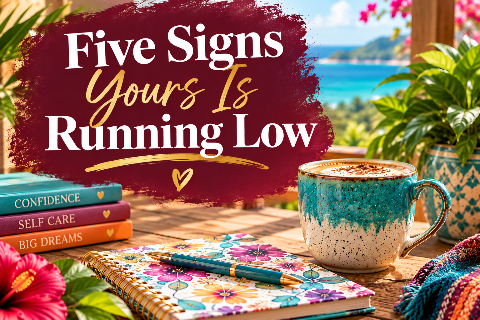 Inspired Java blog graphic featuring the words “Five Signs Yours Is Running Low” in elegant white and gold lettering on a burgundy background, alongside a turquoise coffee mug, colorful floral journal, and books about confidence and self-care, introducing signs of low self-trust. Inspired Java blog graphic featuring the words “Five Signs Yours Is Running Low” in elegant white and gold lettering on a burgundy background, alongside a turquoise coffee mug, colorful floral journal, and books about confidence and self-care, introducing signs of low self-trust.