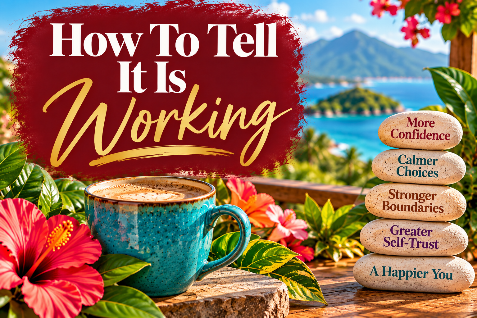 Inspired Java graphic featuring the words “How to Tell It Is Working” on a burgundy background, with a turquoise coffee mug, vibrant tropical flowers, ocean views, and stacked stones representing growing confidence, calmer choices, stronger boundaries, greater self-trust, and personal happiness. Inspired Java graphic featuring the words “How to Tell It Is Working” on a burgundy background, with a turquoise coffee mug, vibrant tropical flowers, ocean views, and stacked stones representing growing confidence, calmer choices, stronger boundaries, greater self-trust, and personal happiness.