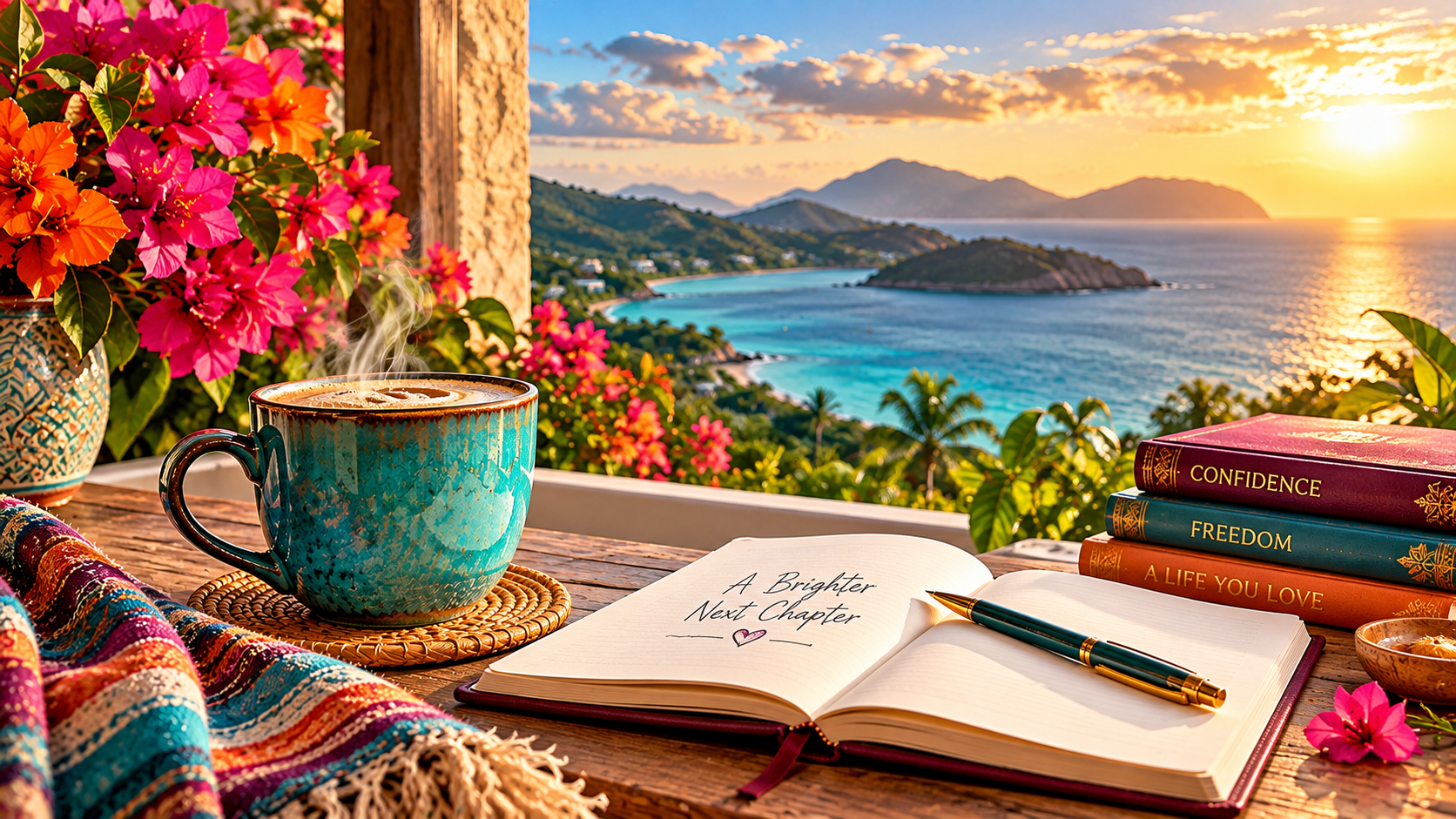 Steaming turquoise coffee mug beside an open journal titled “A Brighter Next Chapter,” surrounded by vibrant tropical flowers and books about confidence, freedom, and creating a life you love, overlooking a beautiful ocean sunset. Steaming turquoise coffee mug beside an open journal titled “A Brighter Next Chapter,” surrounded by vibrant tropical flowers and books about confidence, freedom, and creating a life you love, overlooking a beautiful ocean sunset.