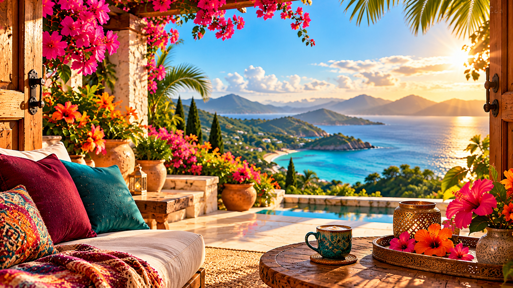 Beautiful tropical terrace with colorful burgundy and turquoise cushions, a coffee cup, vibrant flowers, and panoramic ocean views at sunset, creating a peaceful setting for relaxation and reflection. Beautiful tropical terrace with colorful burgundy and turquoise cushions, a coffee cup, vibrant flowers, and panoramic ocean views at sunset, creating a peaceful setting for relaxation and reflection.