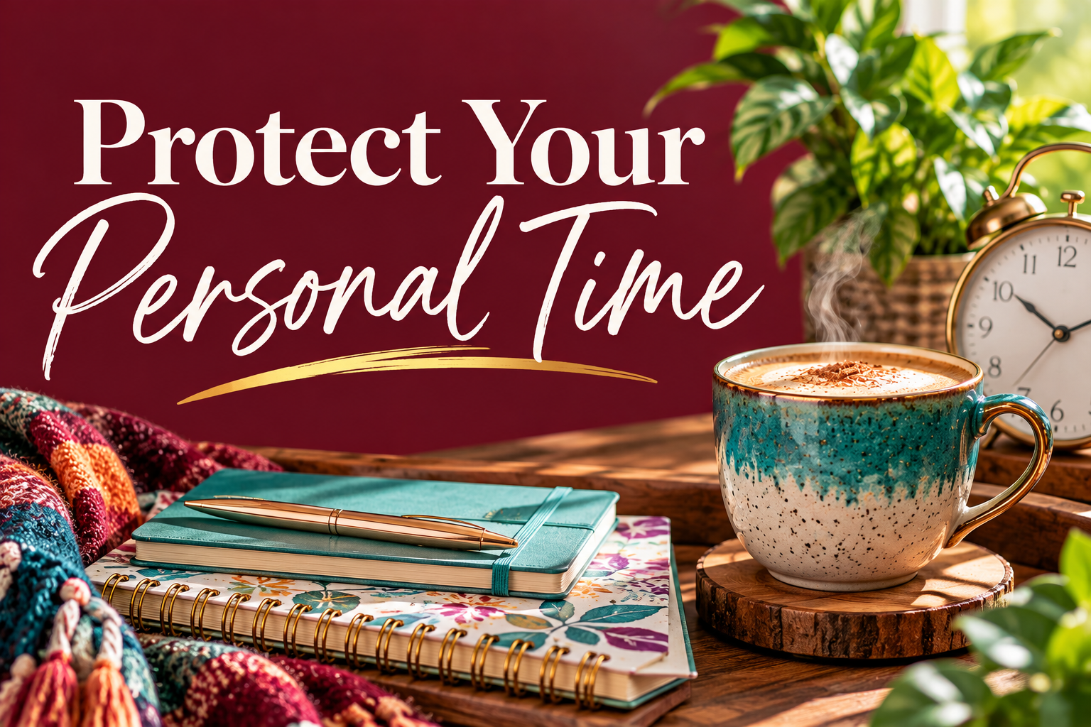 Inspired Java graphic featuring the words “Protect Your Personal Time” in elegant white lettering on a burgundy background, alongside a turquoise coffee mug, clock, journals, and pen, highlighting personal boundaries, self-care, and making time for yourself. Inspired Java graphic featuring the words “Protect Your Personal Time” in elegant white lettering on a burgundy background, alongside a turquoise coffee mug, clock, journals, and pen, highlighting personal boundaries, self-care, and making time for yourself.