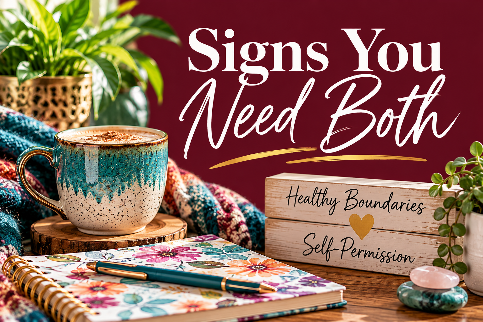 Inspired Java blog graphic featuring the words “Signs You Need Both” in elegant white serif and handwritten script lettering on a rich burgundy background, alongside a turquoise coffee mug, colorful floral journal, and wooden signs reading “Healthy Boundaries” and “Self-Permission,” highlighting the importance of self-care, confidence, and personal growth. Inspired Java blog graphic featuring the words “Signs You Need Both” in elegant white serif and handwritten script lettering on a rich burgundy background, alongside a turquoise coffee mug, colorful floral journal, and wooden signs reading “Healthy Boundaries” and “Self-Permission,” highlighting the importance of self-care, confidence, and personal growth.