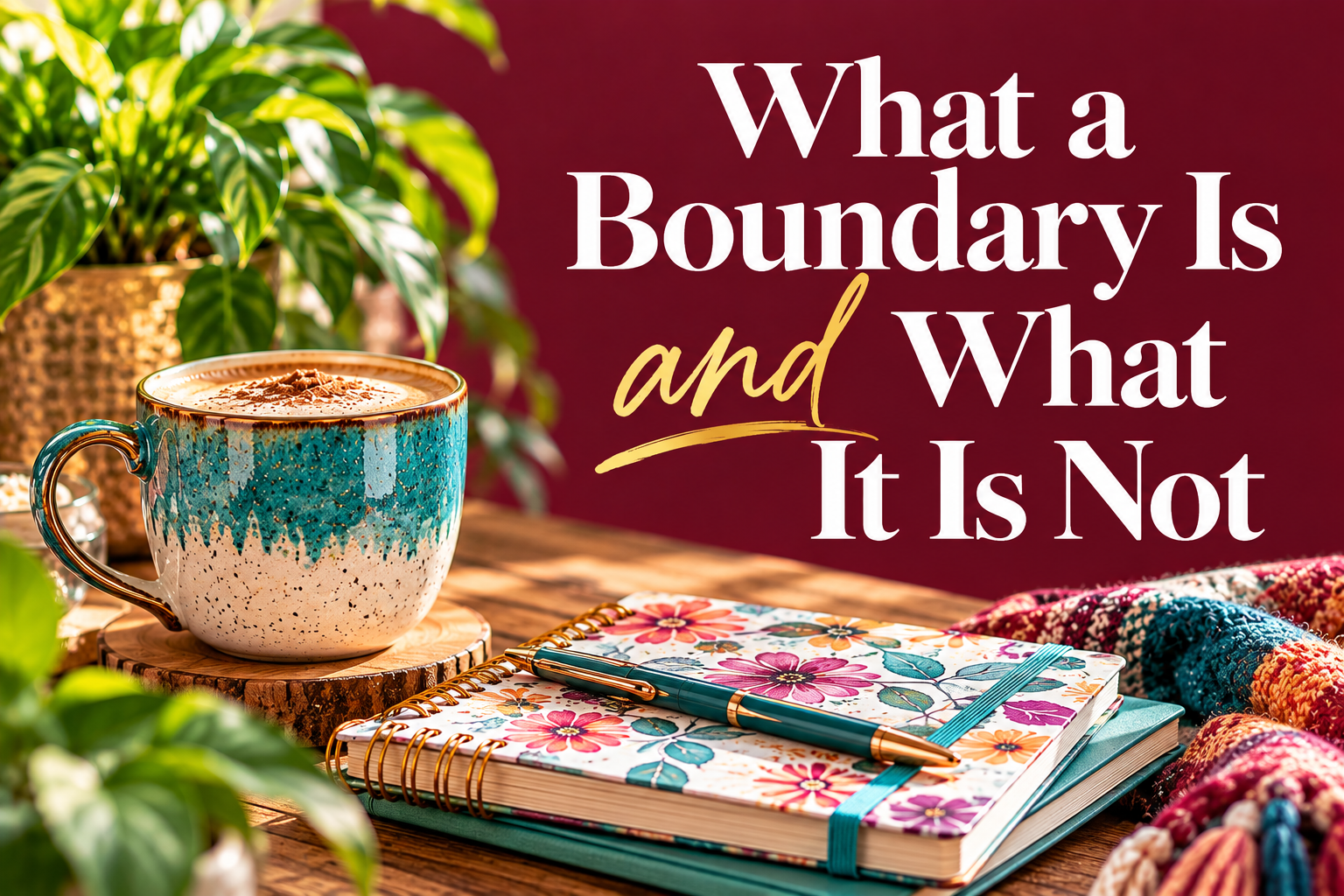 nspired Java blog graphic featuring the words “What a Boundary Is and What It Is Not” in elegant white and gold lettering on a rich burgundy background, alongside a turquoise coffee mug, colorful floral journal, pen, and green plants, introducing the importance of healthy boundaries, self-respect, and personal growth. nspired Java blog graphic featuring the words “What a Boundary Is and What It Is Not” in elegant white and gold lettering on a rich burgundy background, alongside a turquoise coffee mug, colorful floral journal, pen, and green plants, introducing the importance of healthy boundaries, self-respect, and personal growth.
