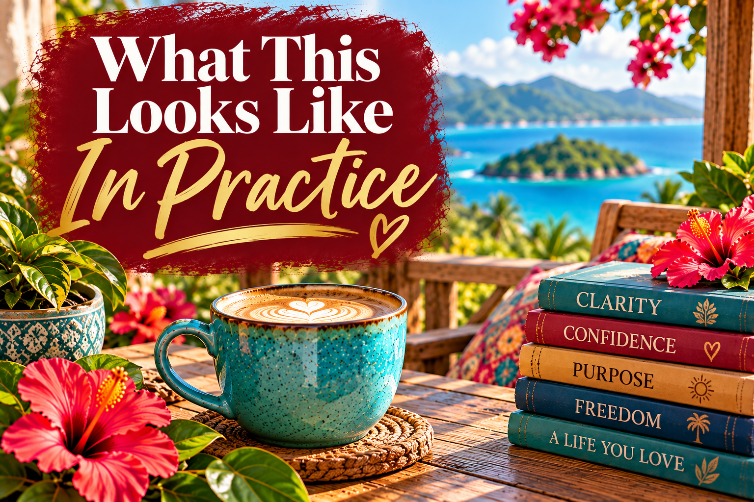 Inspired Java blog graphic featuring the words “What This Looks Like in Practice” in white and gold lettering on a burgundy background, with a turquoise coffee mug, vibrant tropical flowers, ocean views, and colorful books labeled clarity, confidence, purpose, freedom, and a life you love. Inspired Java blog graphic featuring the words “What This Looks Like in Practice” in white and gold lettering on a burgundy background, with a turquoise coffee mug, vibrant tropical flowers, ocean views, and colorful books labeled clarity, confidence, purpose, freedom, and a life you love.