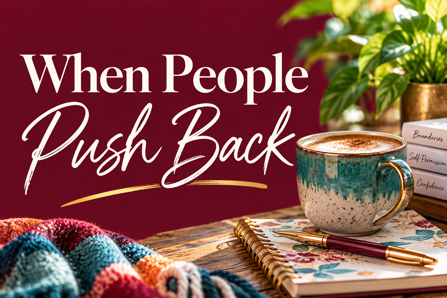 nspired Java blog graphic featuring the words “When People Push Back” in elegant white lettering on a burgundy background, alongside a turquoise coffee mug, floral journal, and books about boundaries, self-permission, and confidence. nspired Java blog graphic featuring the words “When People Push Back” in elegant white lettering on a burgundy background, alongside a turquoise coffee mug, floral journal, and books about boundaries, self-permission, and confidence.