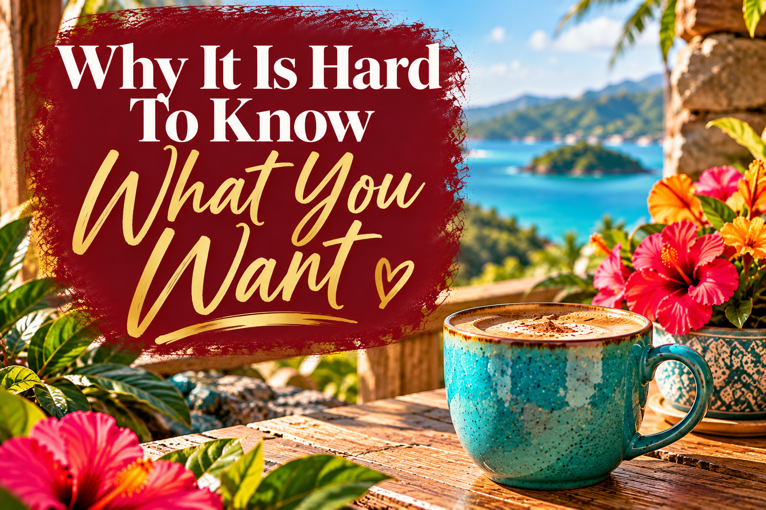 Inspired Java blog graphic featuring the words “Why It Is Hard to Know What You Want” in elegant white and gold lettering on a burgundy background, alongside a turquoise coffee mug, vibrant tropical flowers, and a beautiful ocean view, introducing the challenges of discovering your desires, finding clarity, and creating a fulfilling life in midlife. Inspired Java blog graphic featuring the words “Why It Is Hard to Know What You Want” in elegant white and gold lettering on a burgundy background, alongside a turquoise coffee mug, vibrant tropical flowers, and a beautiful ocean view, introducing the challenges of discovering your desires, finding clarity, and creating a fulfilling life in midlife.